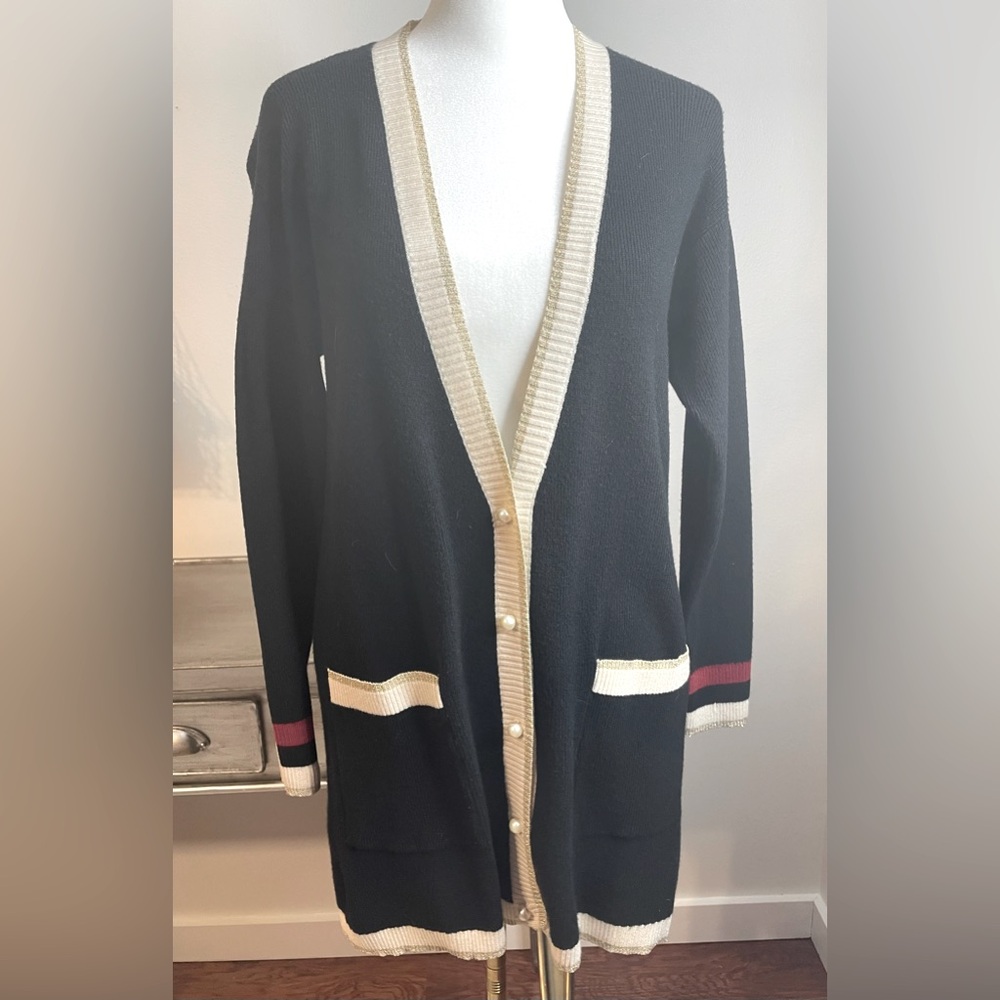 Jolie Preppy Long Cardigan Contrast Trim Pearl Buttons Size Small